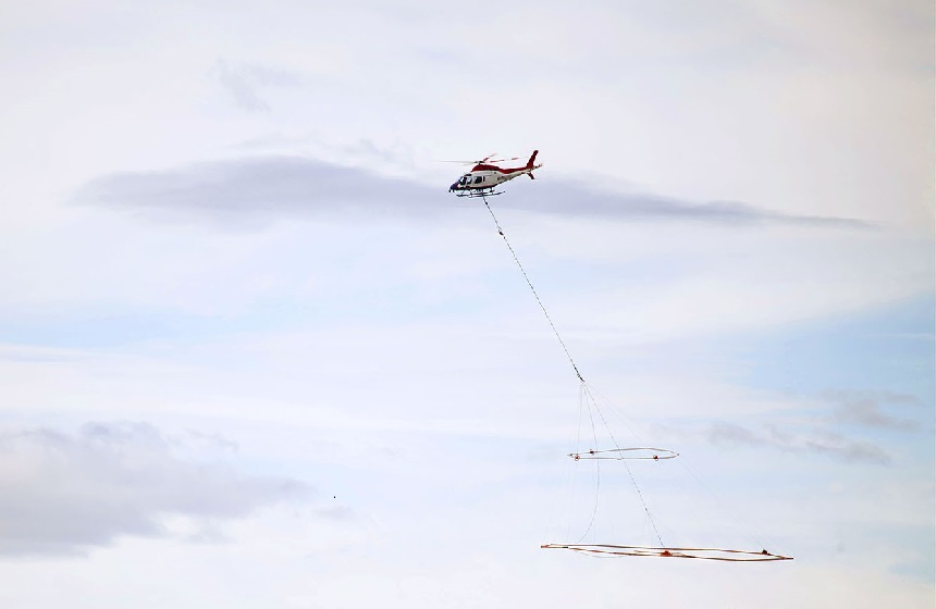 Geotech helicopter flying a VTEM survey in Sweden. “Our main objective was to identify a conductive body to prove that VTEM works, so to not only prove this but to also confirm mineralisation with our first drill holes into our first conductor is a pleasing bonus.”