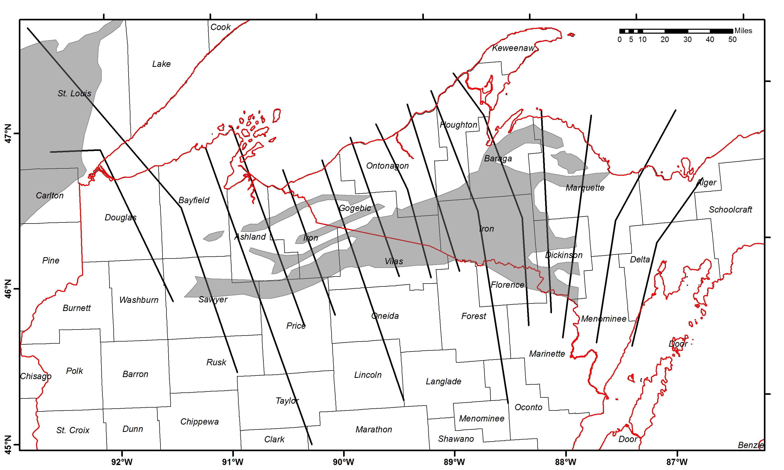 Map of upcoming USGS AEM study area in relation to state and county borders. The thick black lines are the intended flight profiles, and the shaded grey regions show the mapped extent of rocks deposited some 1.8 billion years ago. Mapping the subsurface geometry and distribution of these rocks is the primary goal of this survey.