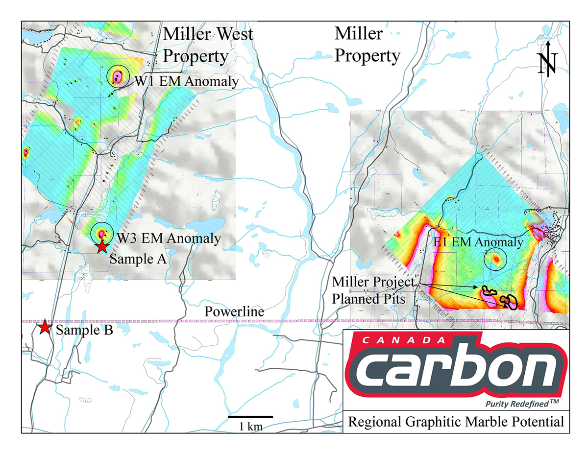 Miller and Miller West Property - Canada Carbon - Regional Graphitic Marble Potential - VTEM anamolies