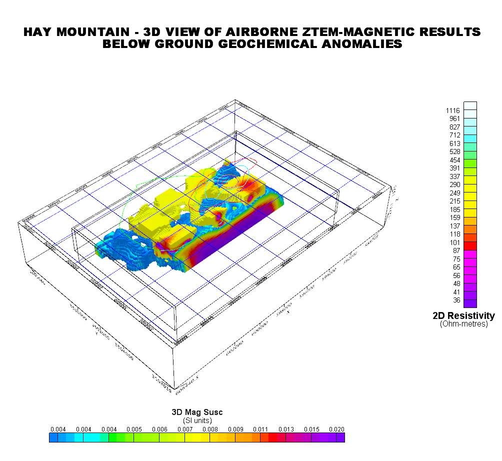 Hay Mountain - 3D View of Airborne ZTEM-Magnetic Results Below Ground Geochemical Anomalies - Northwest