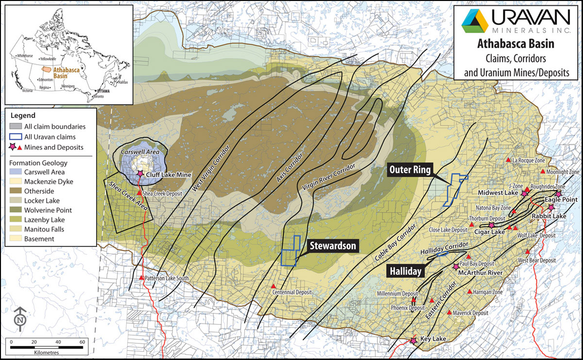 Uravan Minerals Inc. Athabasca Basin: Claims, corridors, and Uranium Mines/Deposits