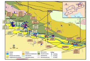 – Location of Liranda Corridor shown on inset; image shows current geological interpretation for Liranda Corridor, interpreted surface trace of gold zones and the location of diamond core holes drilled by Acacia in 2015-2016 with selected significant intersections. Bushiangala and Acacia prospects are located on left side of image.